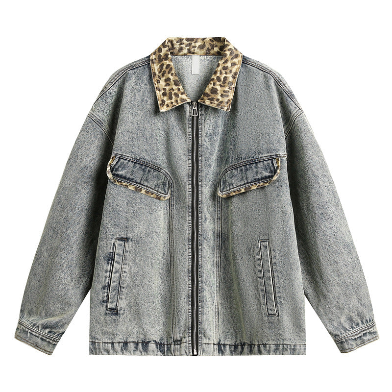 Retro Washed Leopard Print Loose Denim Jacket