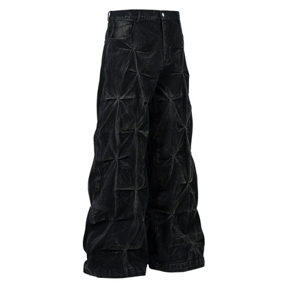 Wrinkled Wax-Coated Distressed Denim Pants with Hand Stitching