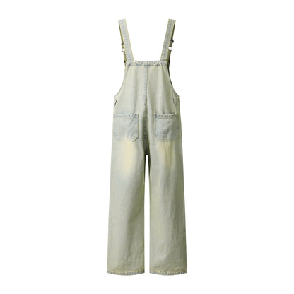 Washed Denim Overalls with Bear Embroidery