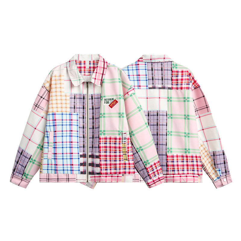 Retro Colorblock Plaid Zip Jacket with Wrinkle-Free Finish