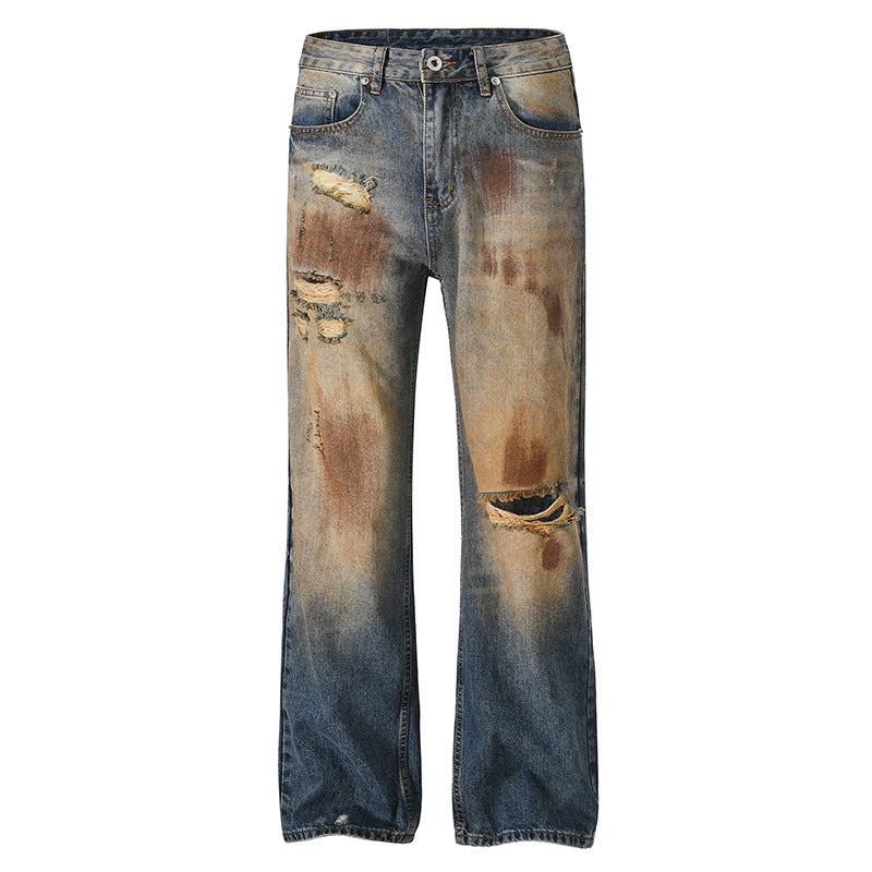 High-Street Distressed Mud-Dyed Vintage Washed Straight-Leg Jeans