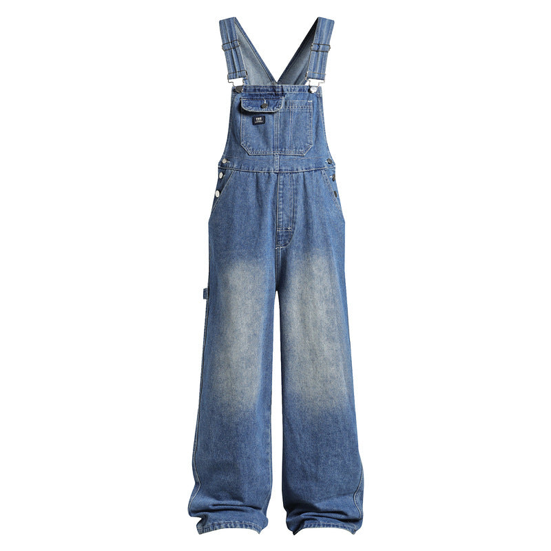 Vintage Washed Denim Overalls with Wide Leg