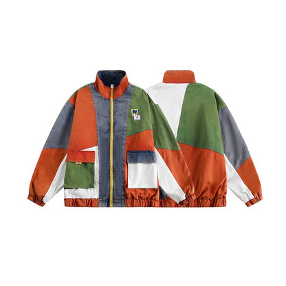 Loose Colorblock Stand Collar Jacket – Patchwork Design