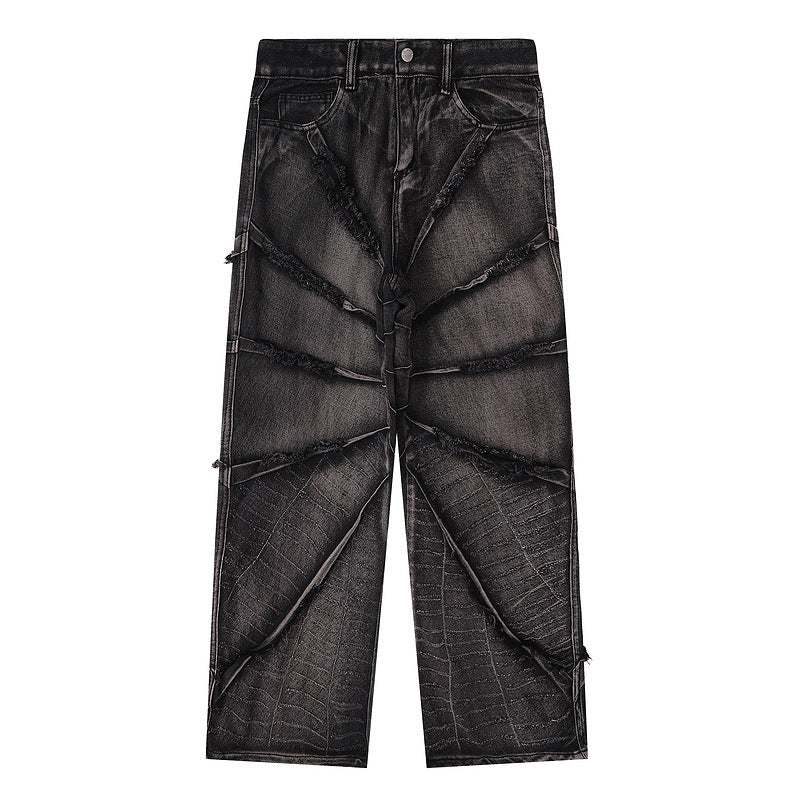 Heavy Washed Flared Jeans with Raw Hem and Stone Finish