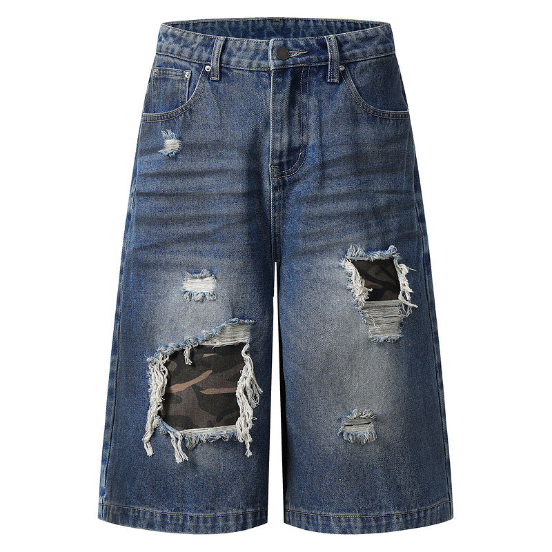 Loose Fit Ripped Denim Shorts with Camouflage Patchwork