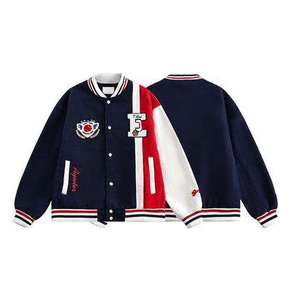 Retro College-Style Baseball Jacket with Suede Colorblock Splicing