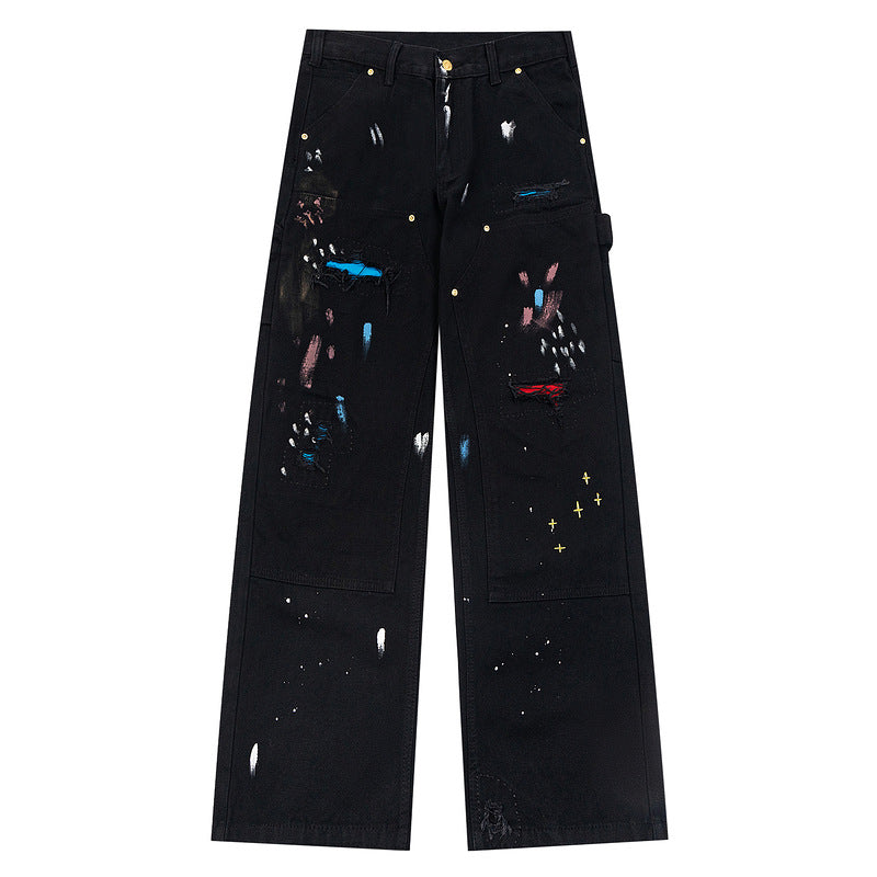 Washed Paint-Splatter Vintage Straight Jeans