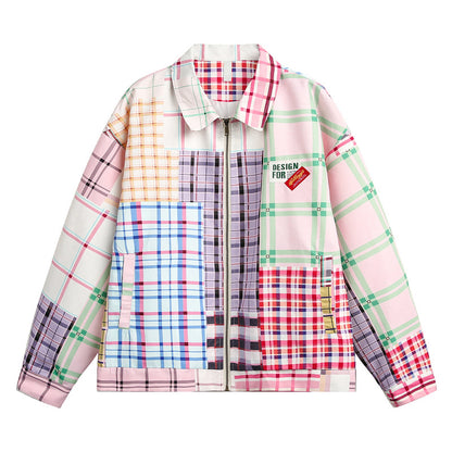Retro Colorblock Plaid Zip Jacket with Wrinkle-Free Finish