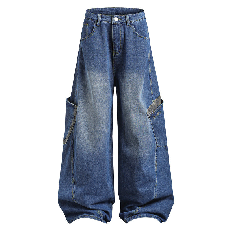 Loose Blade-Cut High Street Denim Pants with Multi-Pocket Design
