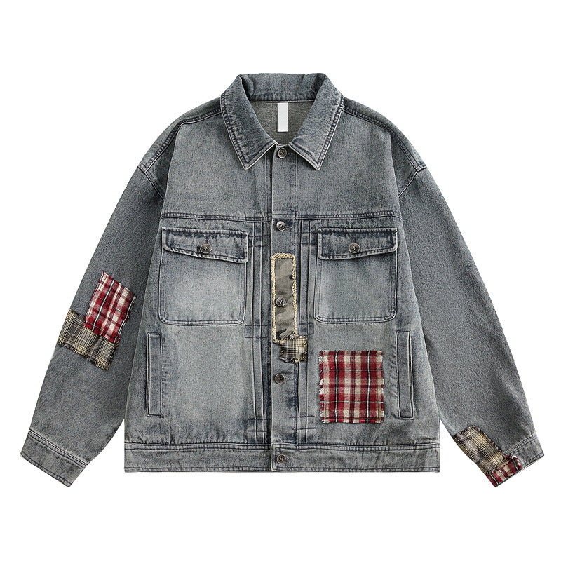 Vintage Loose Fit Work Jacket with Denim Patchwork