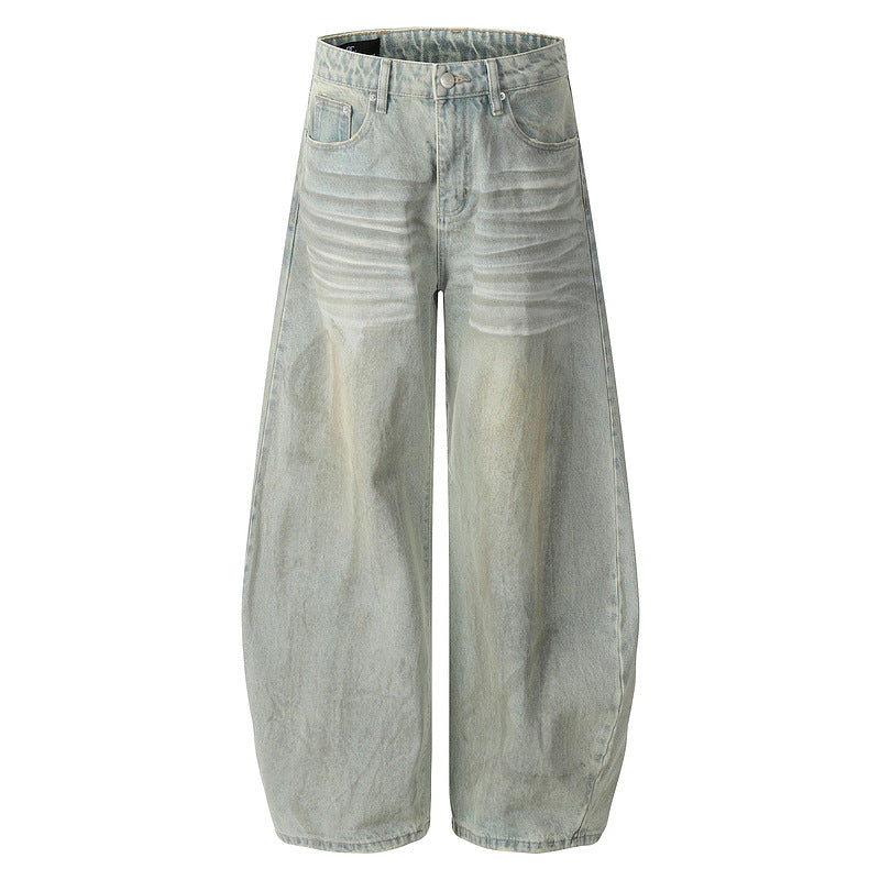 Retro Banana-Cut Distressed Washed Denim Pants