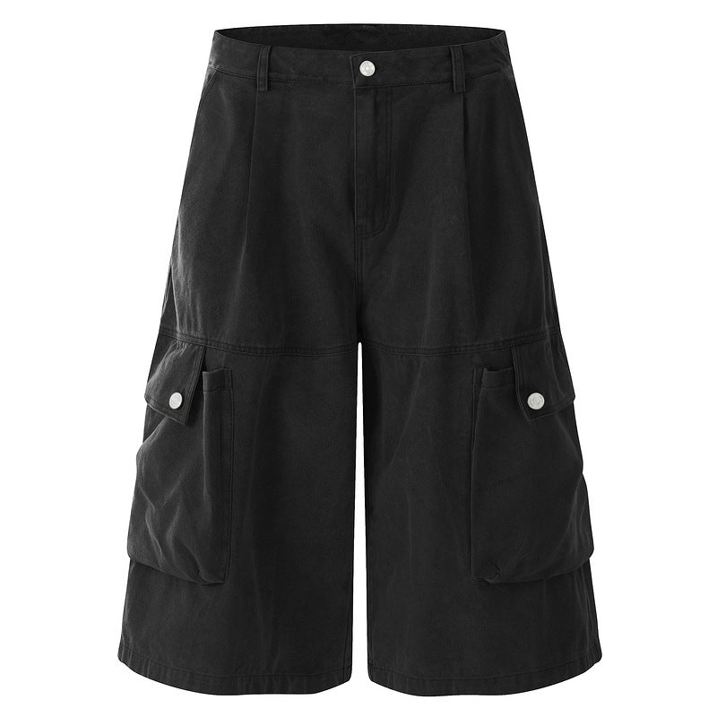 Vintage Washed Straight-Leg Cargo Shorts with Pocket Detail