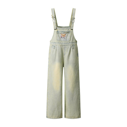 Washed Denim Overalls with Bear Embroidery