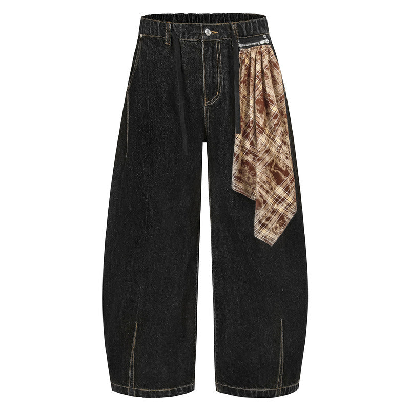 Detachable Bandana Wide-Leg Denim Pants with Curved Cut