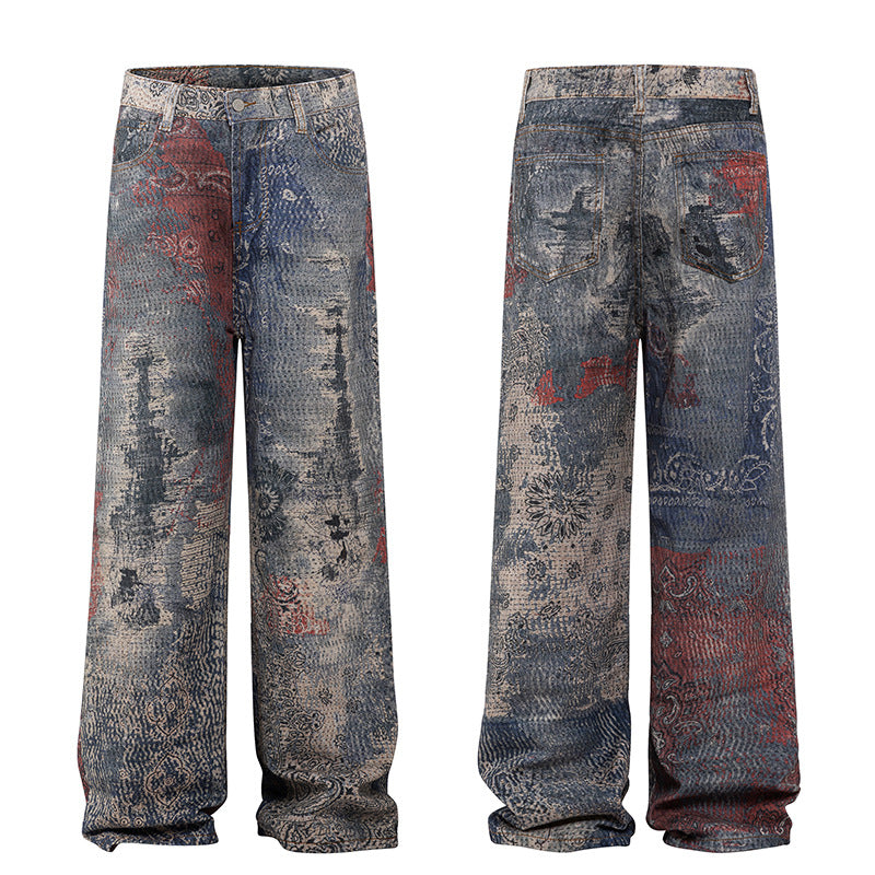 3D Digital Loose Straight Leg Denim Jeans