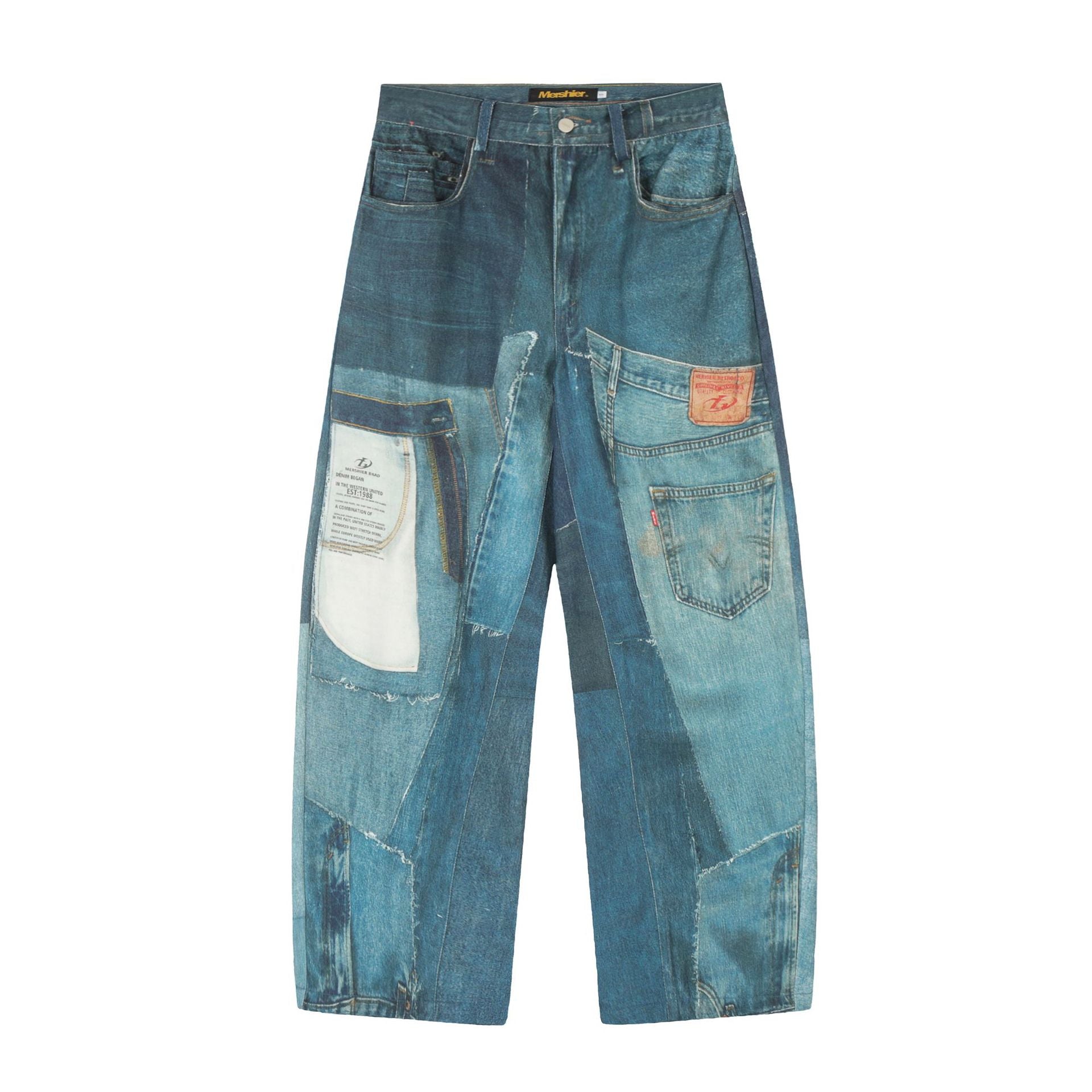 High-Street Printed Patchwork Washed Dragging Jeans