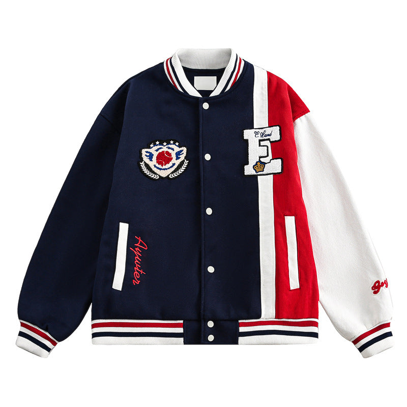 Retro College-Style Baseball Jacket with Suede Colorblock Splicing