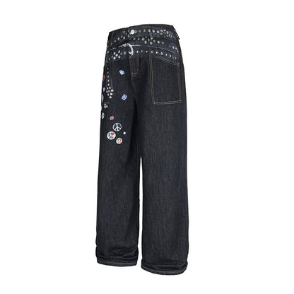 Low-Rise Badge Detail Wide-Leg Jeans