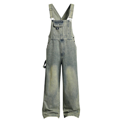 Vintage Washed Denim Overalls with Wide Leg