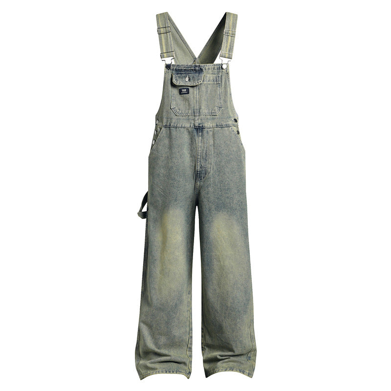 Vintage Washed Denim Overalls with Wide Leg