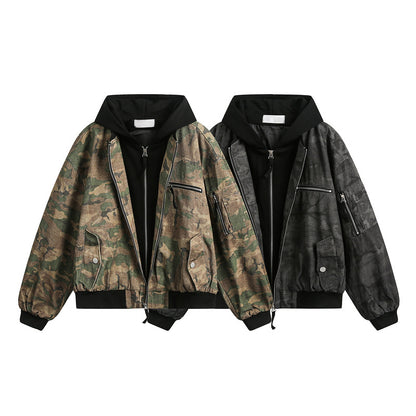 Retro Camo Loose Hooded Jacket – Fake Two-Piece Design