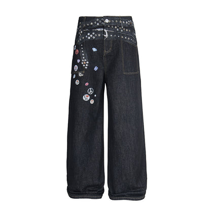 Low-Rise Badge Detail Wide-Leg Jeans