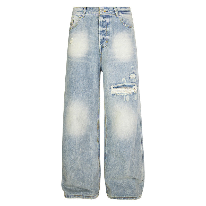 Vintage Straight-Leg Distressed Jeans with Button Detail