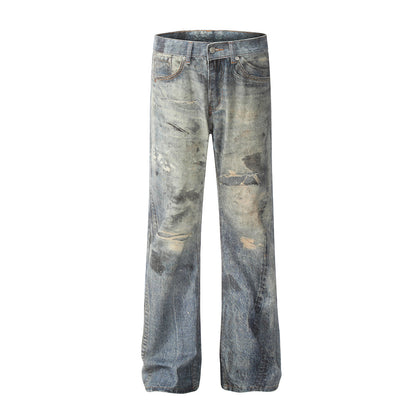 American Wasteland Style Distressed Straight-Leg Denim Pants