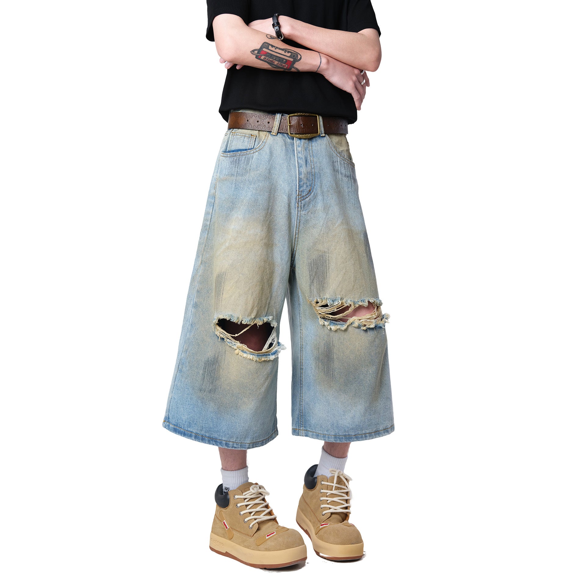 Vintage Mud-Dyed Ripped Denim Shorts