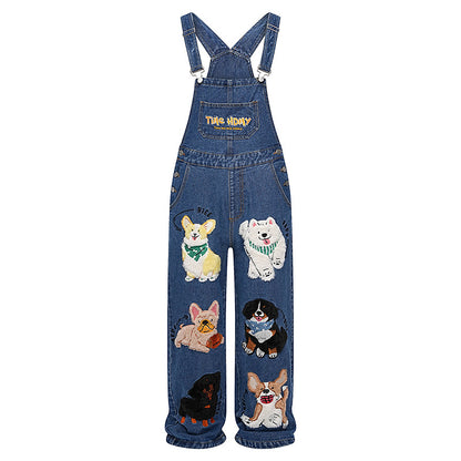 Vintage Cartoon Embroidered Washed Denim Overalls with Multi Pockets