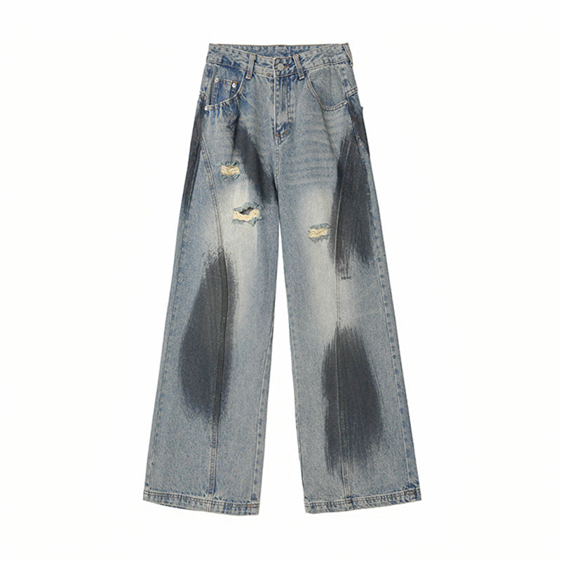 Graffiti Distressed Wide-Leg Streetwear Jeans with Curved-Cut Hem