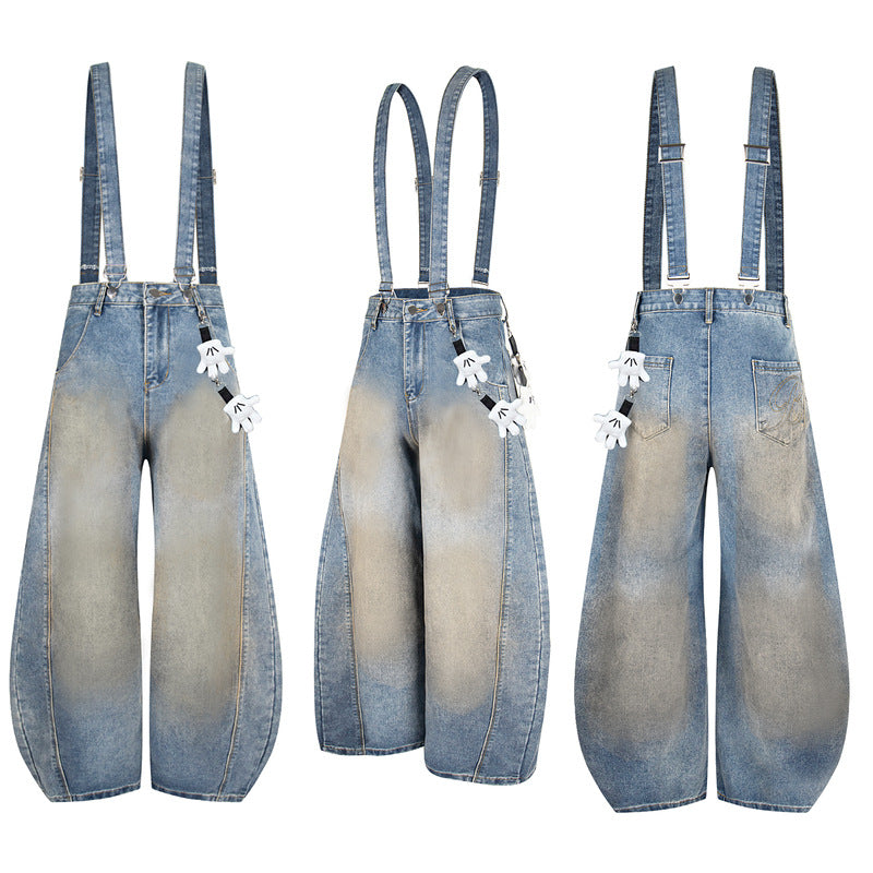 Vintage Washed Detachable Strap Jeans with Curved Cut