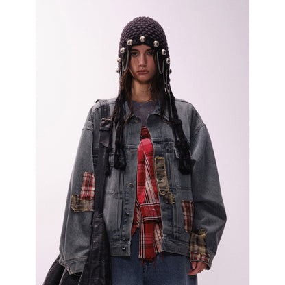 Vintage Loose Fit Work Jacket with Denim Patchwork