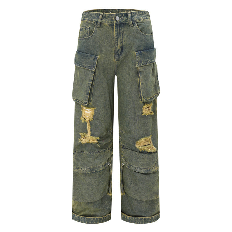 Vintage Loose Multi-Pocket Washed Workwear Jeans