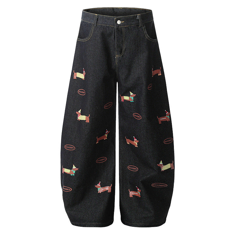 All-Over Puppy Print Wide-Leg Jeans with Curved Hem