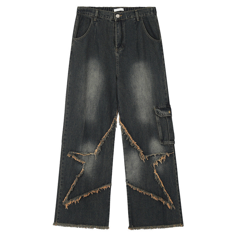Vintage Washed Loose Straight Jeans with Star Patch Embroidery