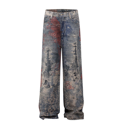 3D Digital Loose Straight Leg Denim Jeans