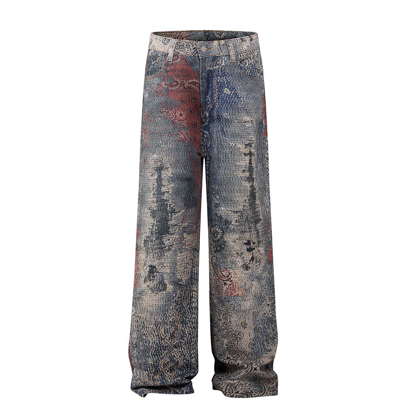 3D Digital Loose Straight Leg Denim Jeans