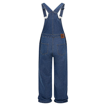 Vintage Cartoon Embroidered Washed Denim Overalls with Multi Pockets