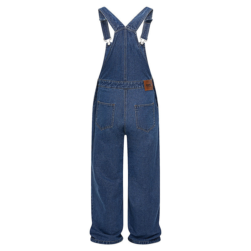 Vintage Cartoon Embroidered Washed Denim Overalls with Multi Pockets