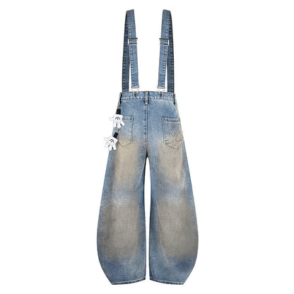 Vintage Washed Detachable Strap Jeans with Curved Cut