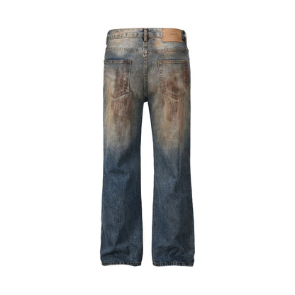 High-Street Distressed Mud-Dyed Vintage Washed Straight-Leg Jeans