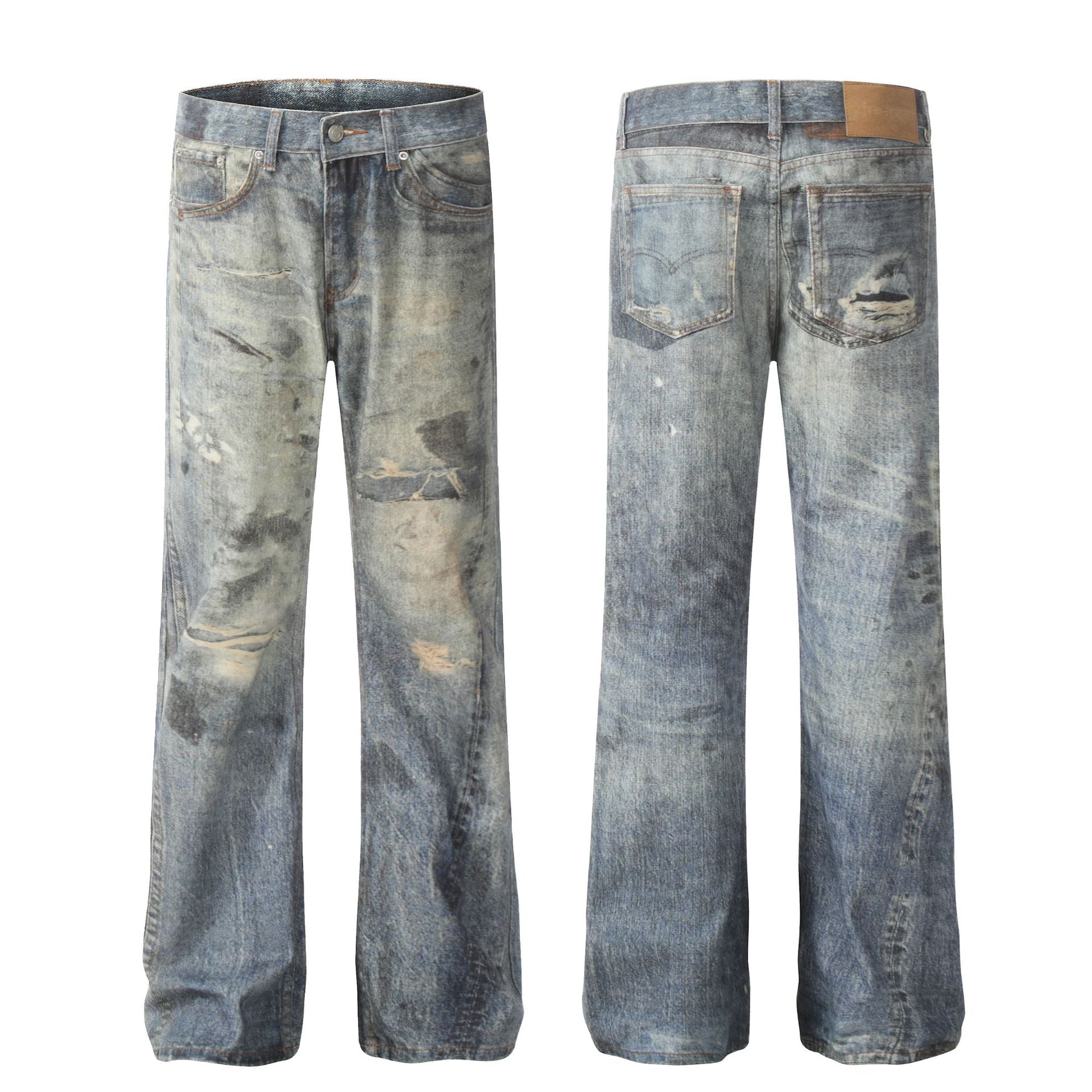 American Wasteland Style Distressed Straight-Leg Denim Pants