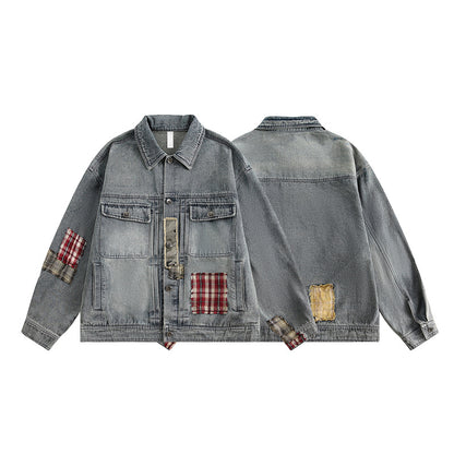 Vintage Loose Fit Work Jacket with Denim Patchwork