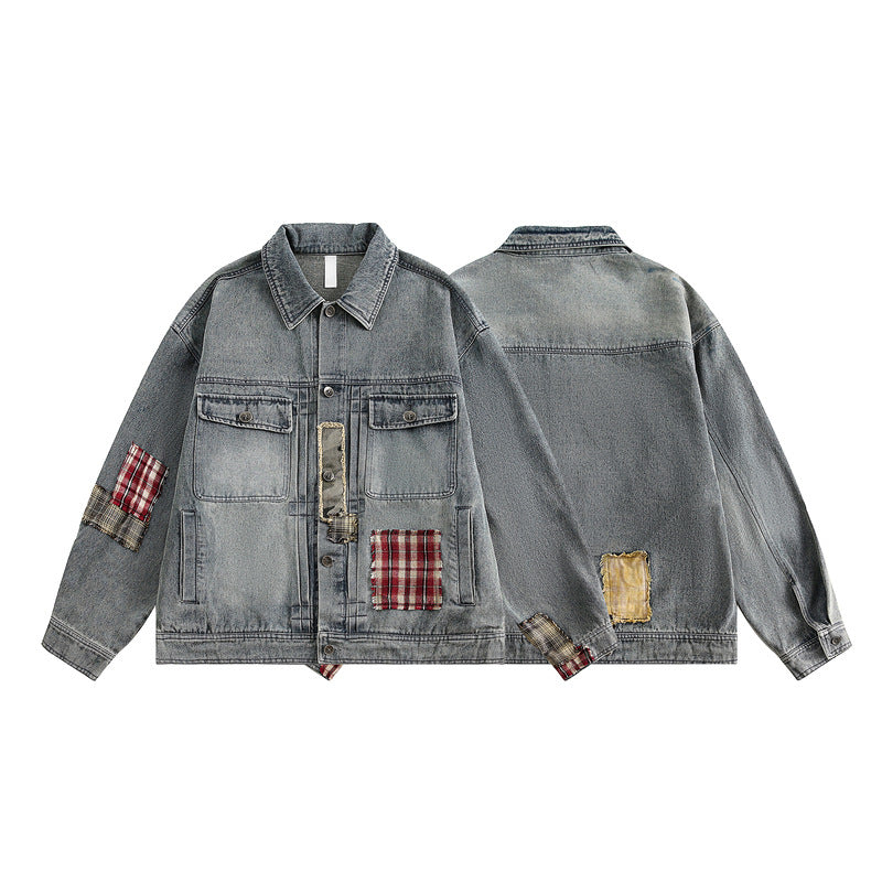 Vintage Loose Fit Work Jacket with Denim Patchwork