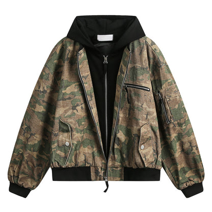 Retro Camo Loose Hooded Jacket – Fake Two-Piece Design