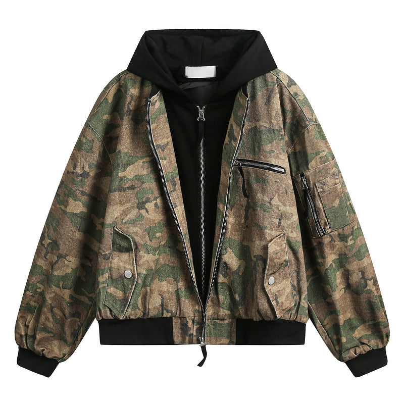 Retro Camo Loose Hooded Jacket – Fake Two-Piece Design