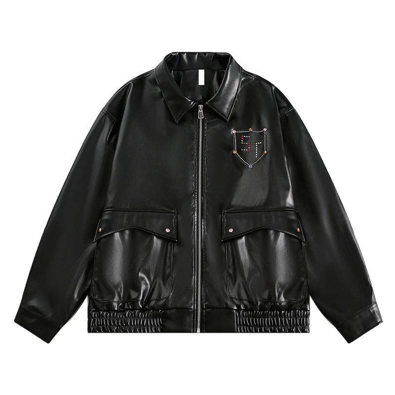 Loose Fit PU Biker Jacket – Rhinestone Accent