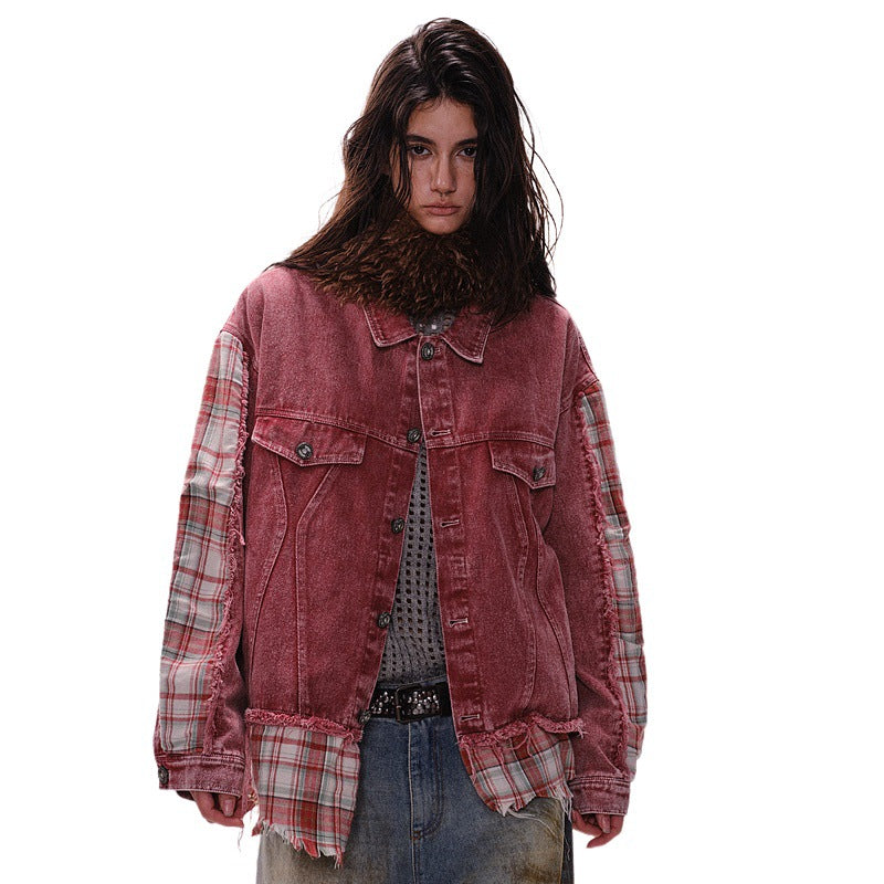 Vintage Plaid Denim Jacket with Distressed Hem and Contrast Stitching