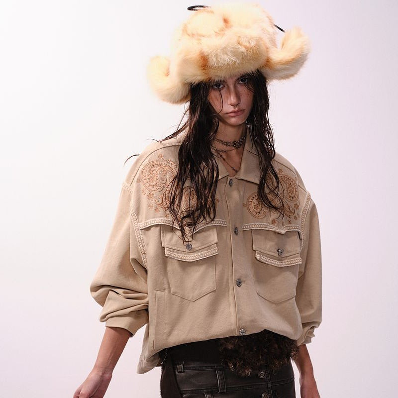 Short Embroidered Denim Jacket – Vintage Mocha Look